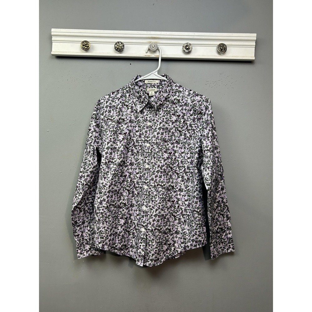 LL Bean Shirt Womens XS Petite Purple Floral Wrinkle Free Button Down